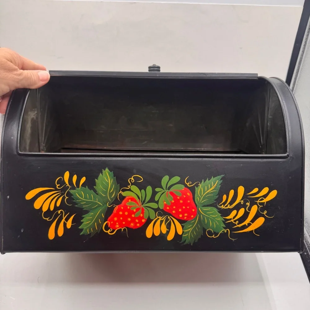 Nesco Metal Roll Top Bread Box Black Hand Toleware Painted Strawberry Floral USA